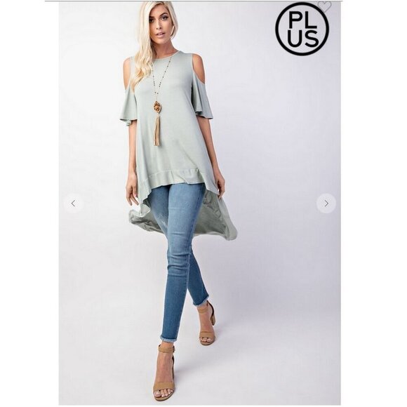 Rae Mode Hi Low Cold Shoulder Top Moss Green Viscose Modal Buttery Soft 2X Plus - Picture 1 of 15